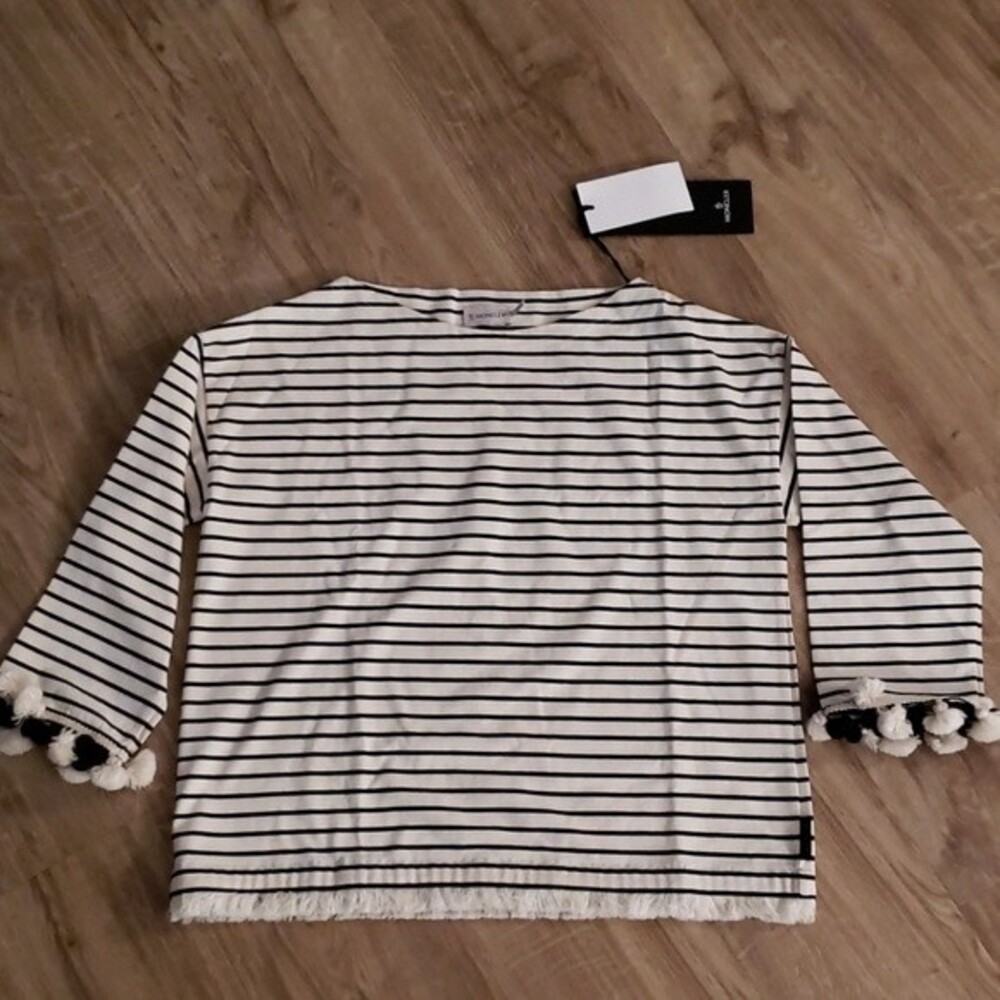 Moncler Black Cream Stripe Feminine Luxury 3/4 Sleeve Cotton Top Size Small New